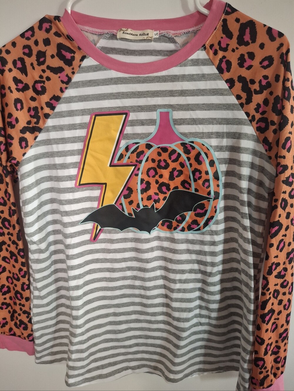 Womens Striped Raglan Top with Leopard Pumpkin Graphic - Pink & Orange
